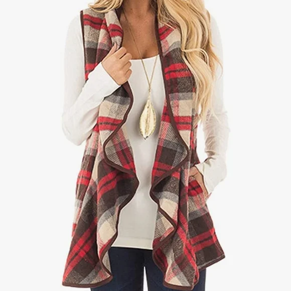 Buffalo Plaid Vest Casual Lapel Open Front Sleeveless Cardigan - Picture 4 of 6